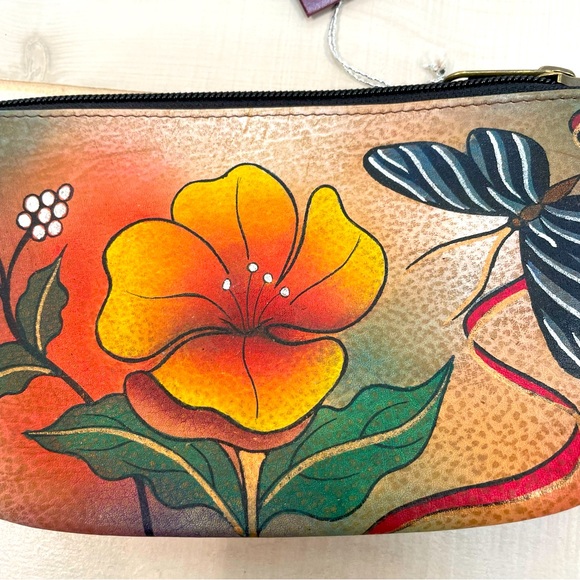 Anushka Hand Painted Leather Vintage Brown Orange Accessory Case Zip Rare - Picture 6 of 6
